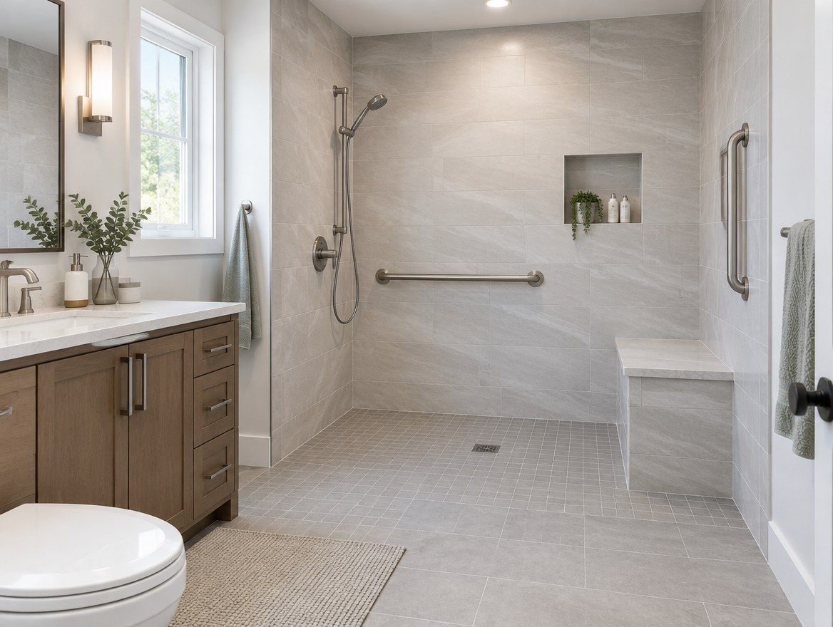 Curbless walk-in shower with tiled bench, grab bars and handheld shower