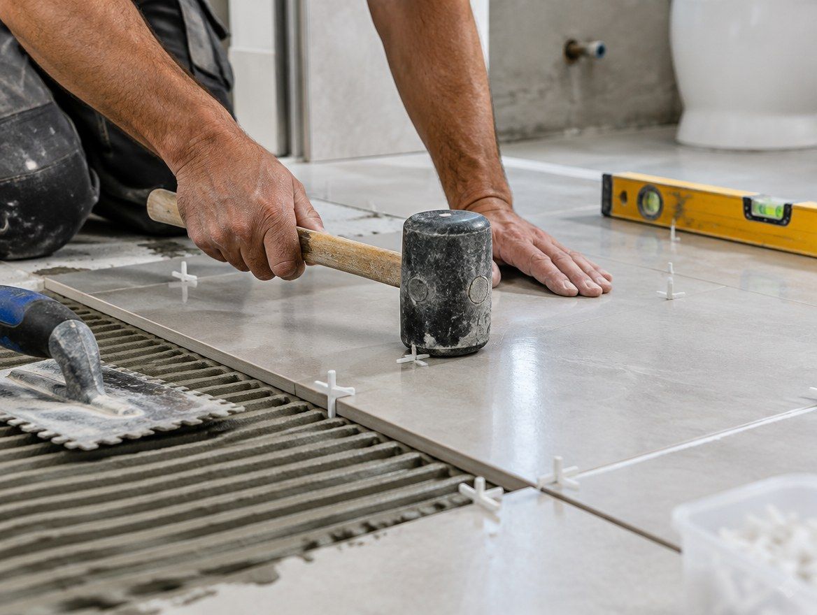 Tradesman setting a large porcelain floor tile with a rubber mallet during a bathroom remodel