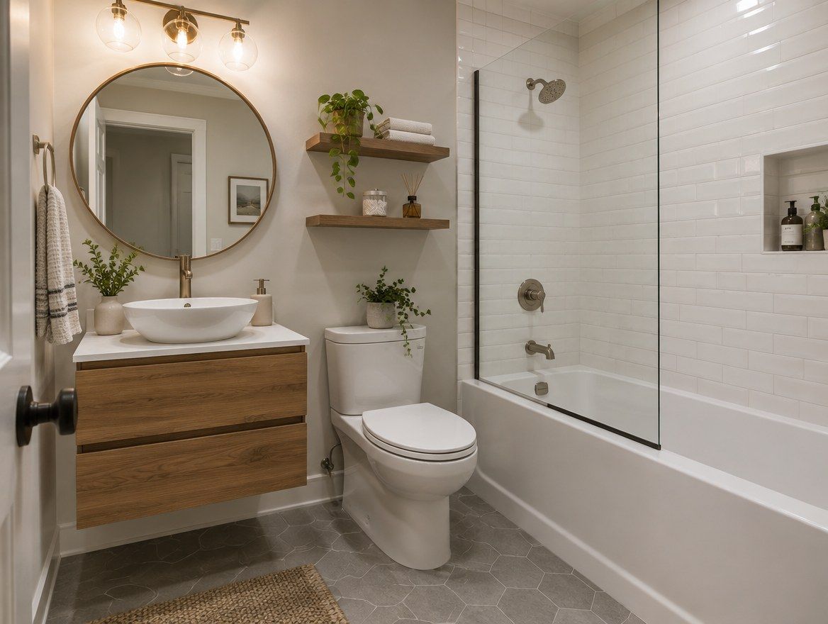 Compact guest bathroom with floating vanity and tub-shower