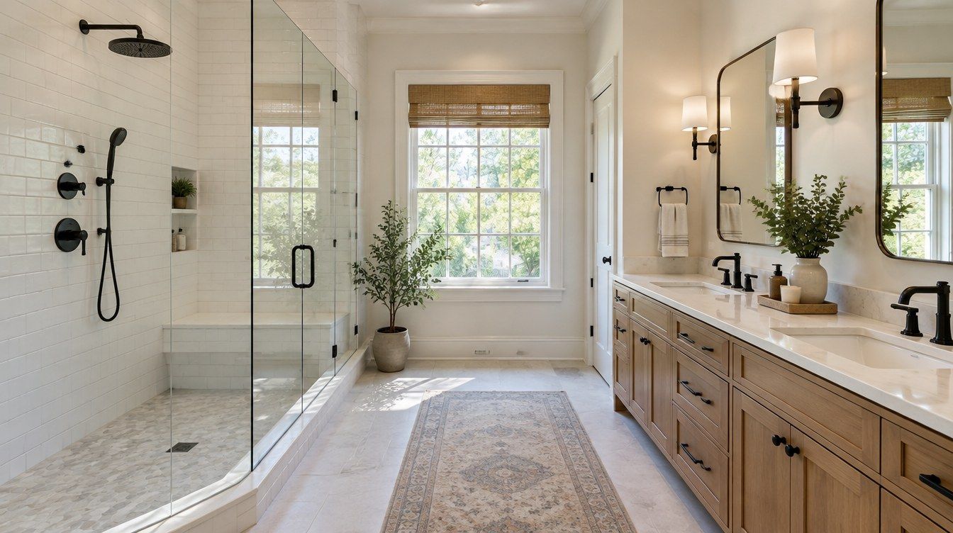 Newly remodeled primary bathroom with walk-in glass shower, white tile and a double vanity