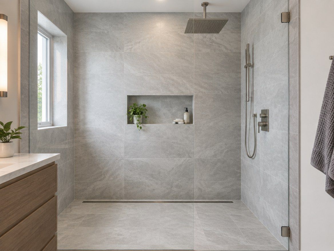 Frameless glass walk-in shower with large-format gray tile and built-in niche
