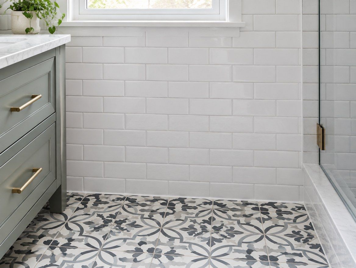 White subway tile wall meeting a patterned floor tile with clean grout lines