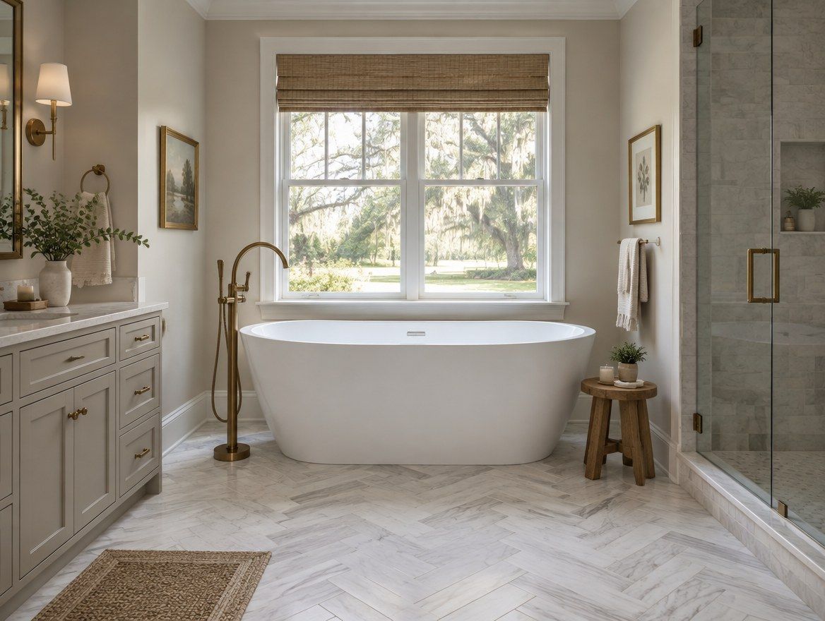 Freestanding white soaking tub beneath a window with herringbone floor tile