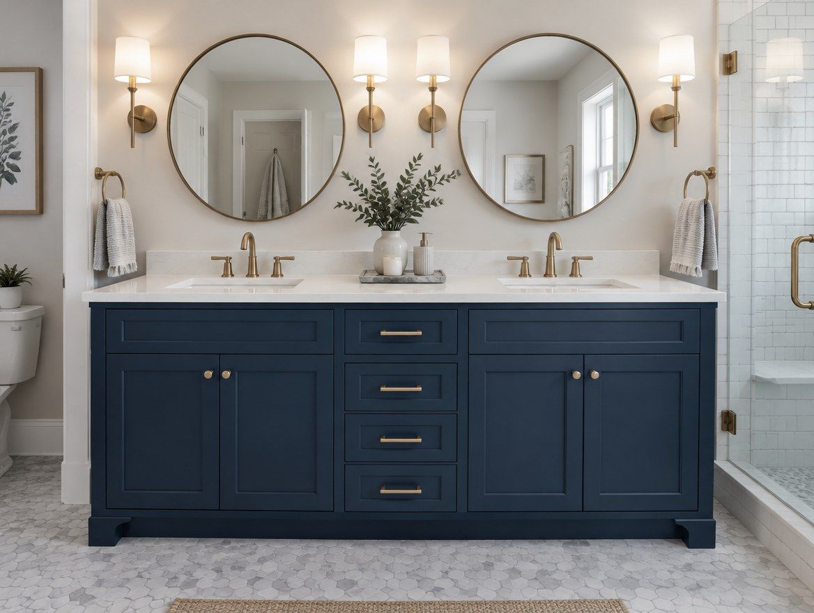 Navy double vanity with white quartz top, round mirrors and wall sconces